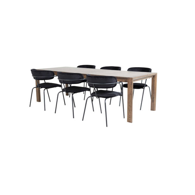 SliderOS eethoek eetkamertafel uitschuifbare tafel lengte cm 170 / 250 rokerig eik en 6 Arrow eetkamerstal velours