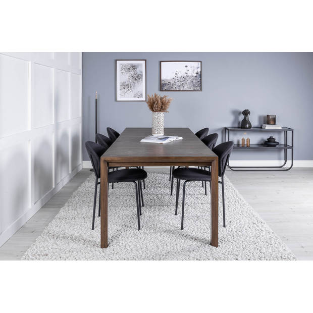SliderOS eethoek eetkamertafel uitschuifbare tafel lengte cm 170 / 250 rokerig eik en 6 Vault eetkamerstal zwart.
