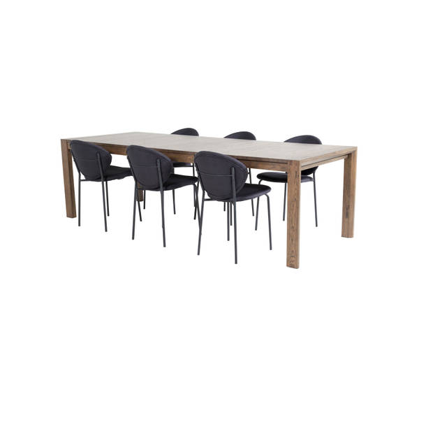 SliderOS eethoek eetkamertafel uitschuifbare tafel lengte cm 170 / 250 rokerig eik en 6 Vault eetkamerstal zwart.
