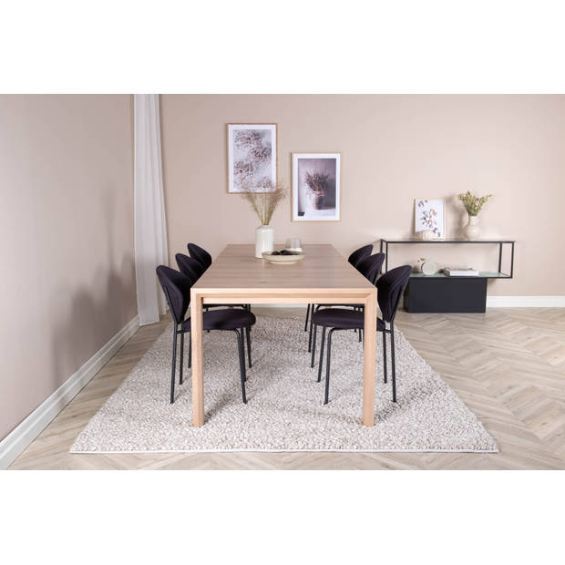 SliderWW eethoek eetkamertafel uitschuifbare tafel lengte cm 170 / 250 eik wit washeded en 6 Vault eetkamerstal zwart.