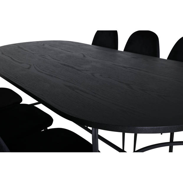 Skate eethoek eetkamertafel zwart en 6 Polar eetkamerstal velours zwart.