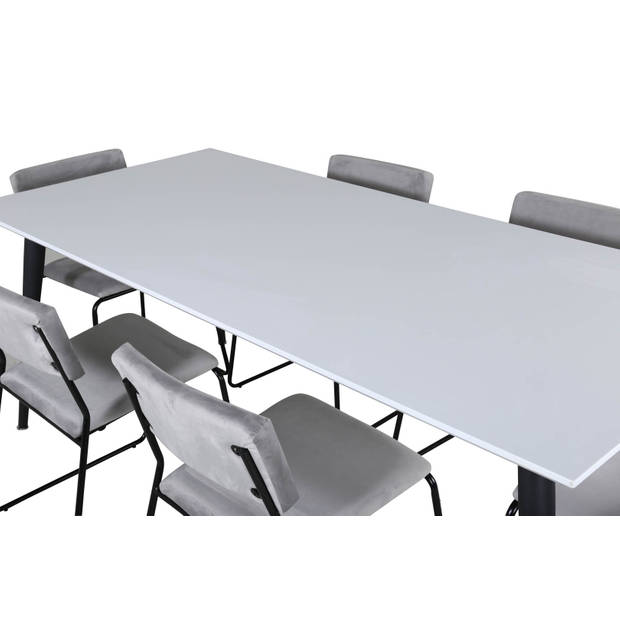 Jimmy195 eethoek eetkamertafel uitschuifbare tafel lengte cm 195 / 285 wit en 6 Kenth eetkamerstal velours grijs.