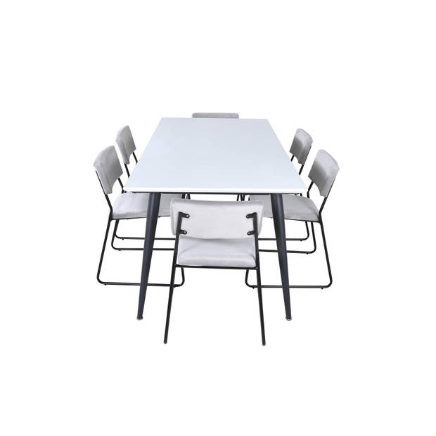 Jimmy195 eethoek eetkamertafel uitschuifbare tafel lengte cm 195 / 285 wit en 6 Kenth eetkamerstal velours grijs.