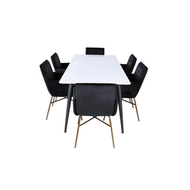 Jimmy195 eethoek eetkamertafel uitschuifbare tafel lengte cm 195 / 285 wit en 6 Pippi eetkamerstal velours zwart.