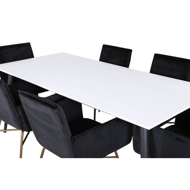 Jimmy195 eethoek eetkamertafel uitschuifbare tafel lengte cm 195 / 285 wit en 6 Pippi eetkamerstal velours zwart.