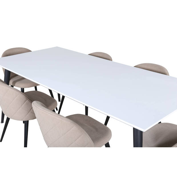 Jimmy195 eethoek eetkamertafel uitschuifbare tafel lengte cm 195 / 285 wit en 6 Velvet Stitches eetkamerstal beige.
