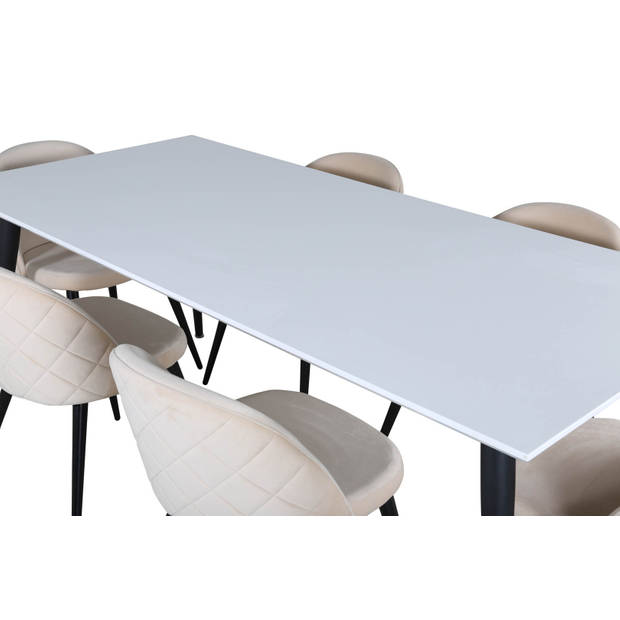 Jimmy195 eethoek eetkamertafel uitschuifbare tafel lengte cm 195 / 285 wit en 6 Velvet Stitches eetkamerstal velours