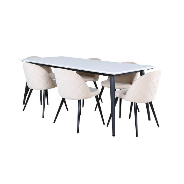 Jimmy195 eethoek eetkamertafel uitschuifbare tafel lengte cm 195 / 285 wit en 6 Velvet Stitches eetkamerstal velours