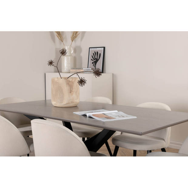 PiazzaGRBL eethoek eetkamertafel grijs en 6 Velvet eetkamerstal fluweel beige, zwart.