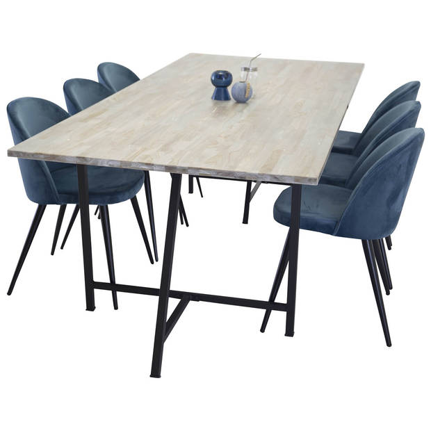 Jepara eethoek eetkamertafel teakhout en 6 Velvet eetkamerstal velours blauw, zwart.