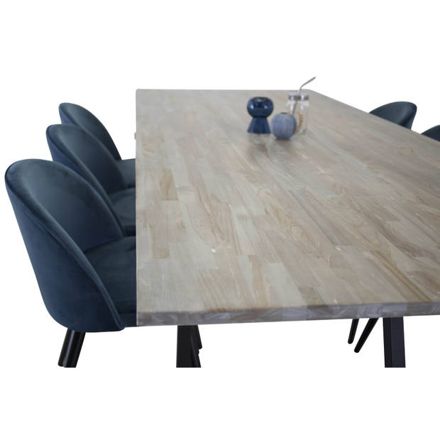 Jepara eethoek eetkamertafel teakhout en 6 Velvet eetkamerstal velours blauw, zwart.