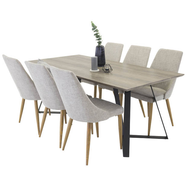 MarinaGRBL eethoek eetkamertafel el hout decor grijs en 6 Leone eetkamerstal lichtgrijs, eik decor.