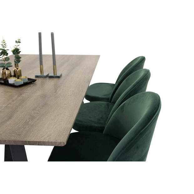 MarinaGRBL eethoek eetkamertafel el hout decor grijs en 6 Velvet eetkamerstal velours groente, zwart.