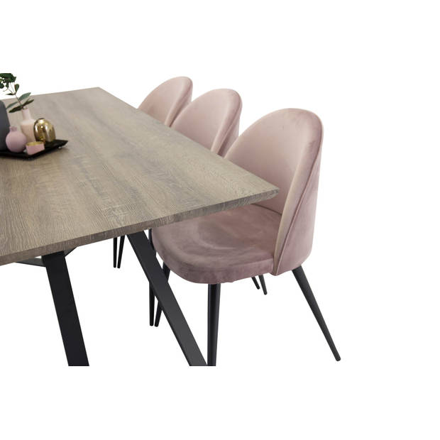 MarinaGRBL eethoek eetkamertafel el hout decor grijs en 6 Velvet eetkamerstal velours roze, zwart.