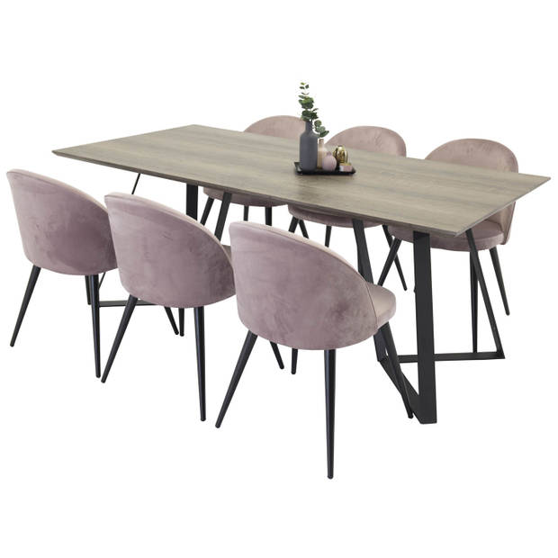 MarinaGRBL eethoek eetkamertafel el hout decor grijs en 6 Velvet eetkamerstal velours roze, zwart.