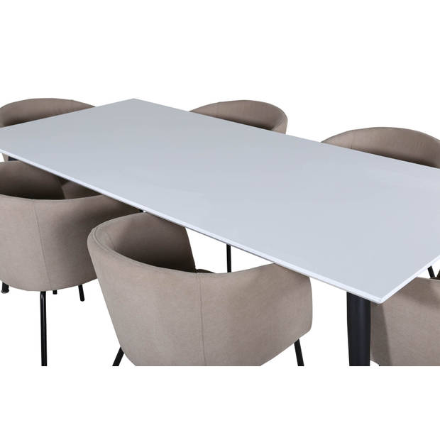 Jimmy195 eethoek eetkamertafel uitschuifbare tafel lengte cm 195 / 285 wit en 6 Berit eetkamerstal beige.