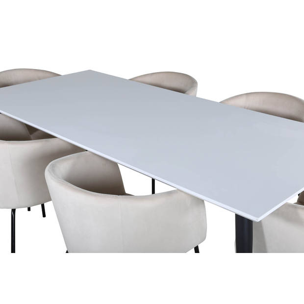 Jimmy195 eethoek eetkamertafel uitschuifbare tafel lengte cm 195 / 285 wit en 6 Berit eetkamerstal velours beige.