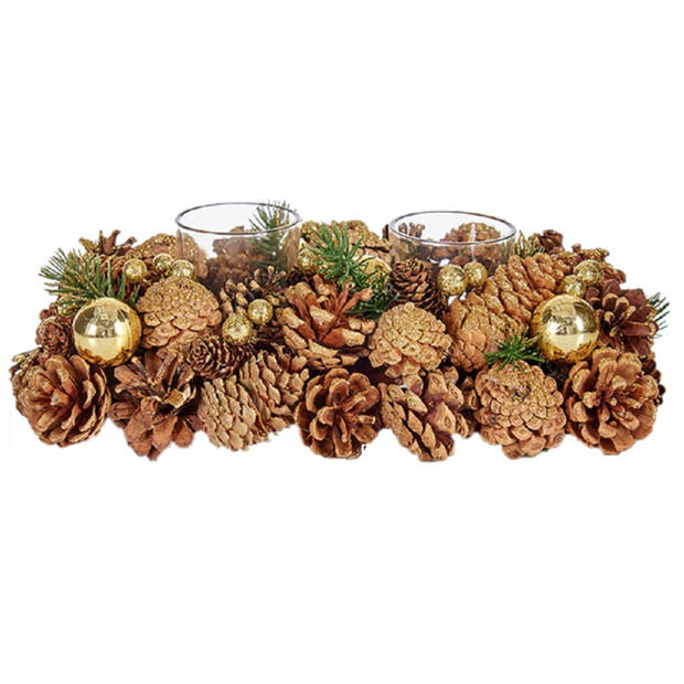 Kerst thema kaarsenhouder ornament gold/green nature 29 x 18 x 11 cm - Waxinelichtjeshouders