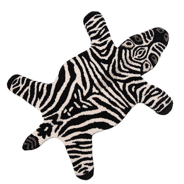 Clayre & Eef Vloerkleed Zebra 60x90 cm Zwart Wit Wol Tapijt Zwart Tapijt