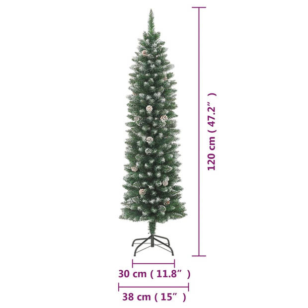 The Living Store Smalle Kerstboom - 120 cm - PVC en staal - met witte decoratiesneeuw - 6 dennenappels - 183 spitse