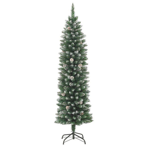 The Living Store Smalle Kerstboom - 120 cm - PVC en staal - met witte decoratiesneeuw - 6 dennenappels - 183 spitse