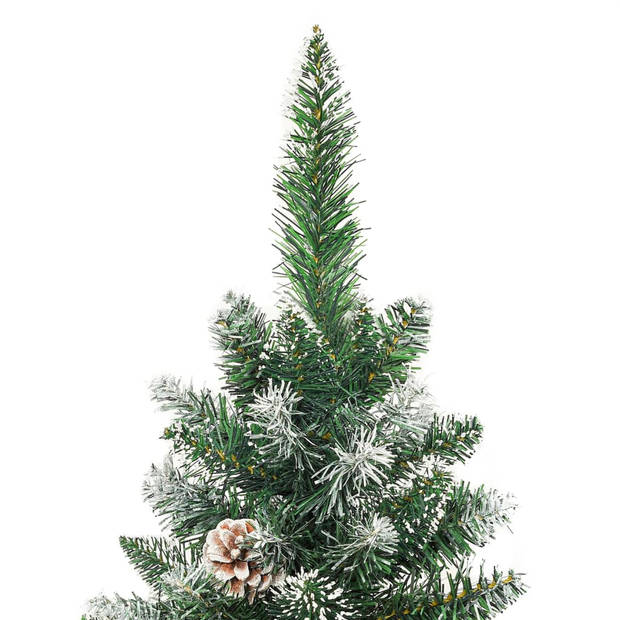 The Living Store Smalle Kerstboom - 120 cm - PVC en staal - met witte decoratiesneeuw - 6 dennenappels - 183 spitse