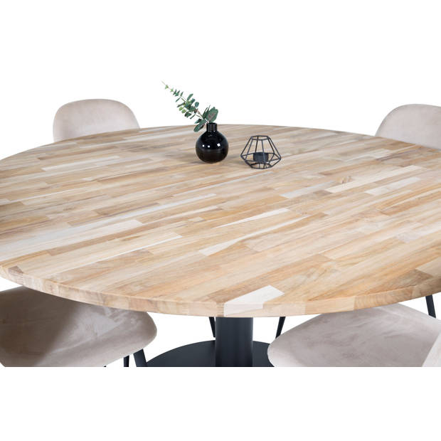 Cirebon140 eethoek eetkamertafel teakhout en 4 Polar eetkamerstal velours beige.