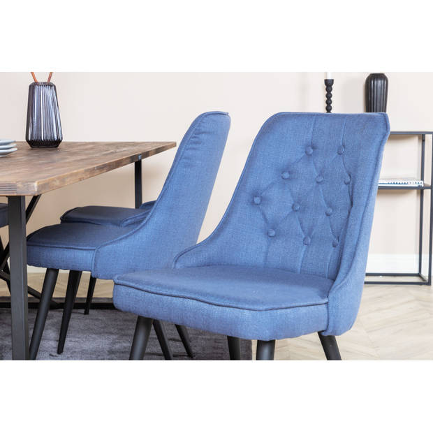 Padang eethoek eetkamertafel teakhout en 6 Velvet Deluxe eetkamerstal blauw, zwart.