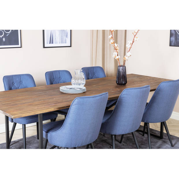 Padang eethoek eetkamertafel teakhout en 6 Velvet Deluxe eetkamerstal blauw, zwart.