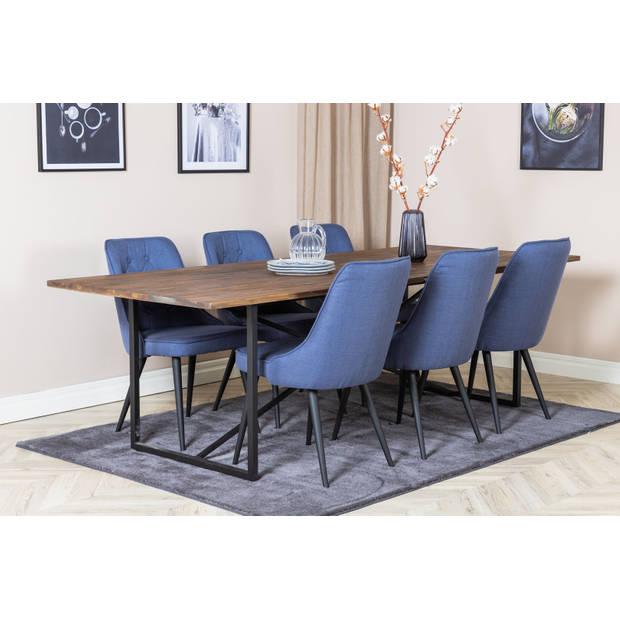 Padang eethoek eetkamertafel teakhout en 6 Velvet Deluxe eetkamerstal blauw, zwart.