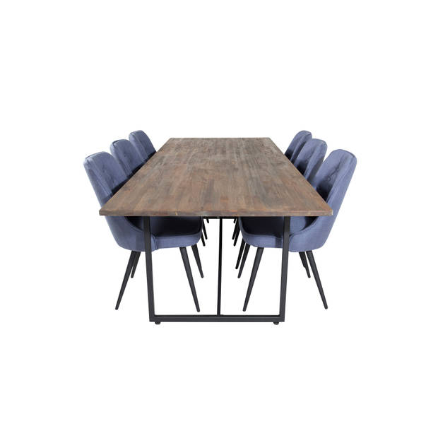 Padang eethoek eetkamertafel teakhout en 6 Velvet Deluxe eetkamerstal blauw, zwart.