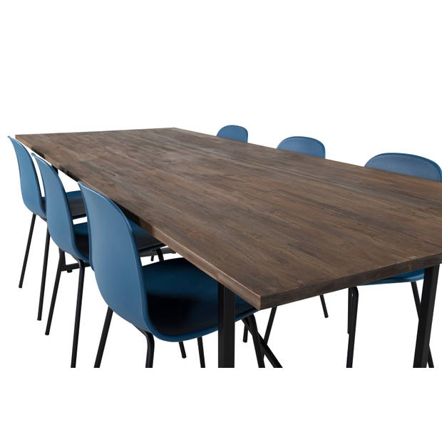 Padang eethoek eetkamertafel teakhout en 6 Arctic eetkamerstal blauw, zwart.