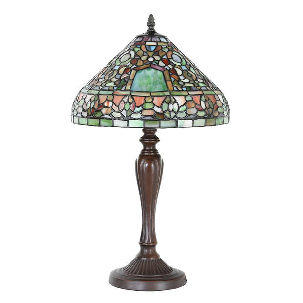 LumiLamp Tiffany Tafellamp Ø 30x53 cm Groen Bruin Glas Kunststof Rond Tiffany Bureaulamp Groen Tiffany Bureaulamp