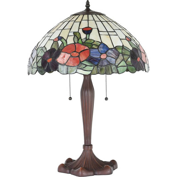 LumiLamp Tiffany Tafellamp Ø 42x60 cm Beige Rood Glas Kunststof Rond Bloemen Tiffany Bureaulamp Beige Tiffany