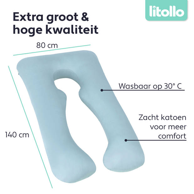 Litollo® Zwangerschapskussen hoes XXL 280cm - Ventilerend katoen - Blauw