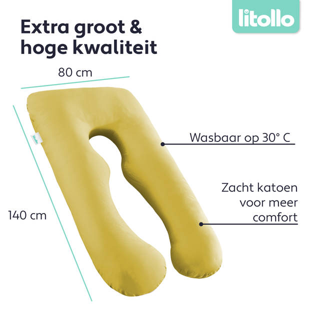 Litollo® Zwangerschapskussen hoes XXL 280cm - Ventilerend katoen - Okergeel