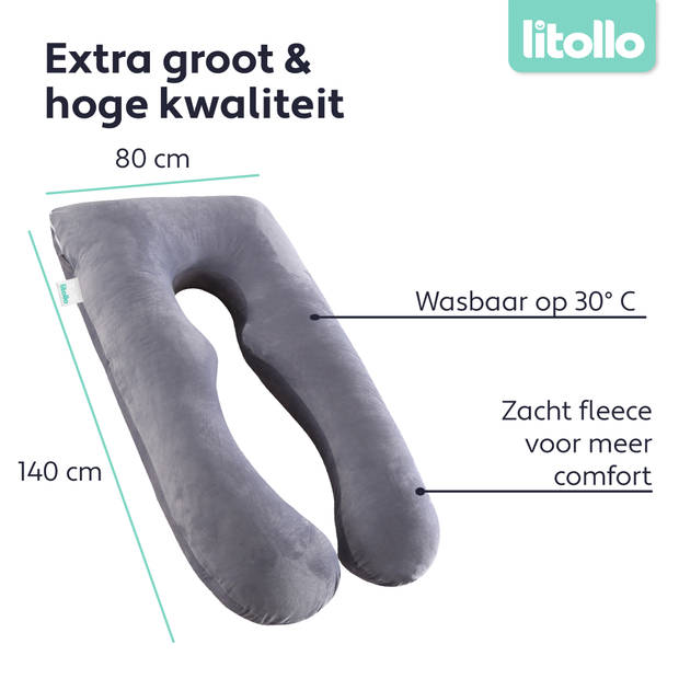 Litollo® Zwangerschapskussen hoes XXL 280cm - Zachte coral fleece stof - Grijs