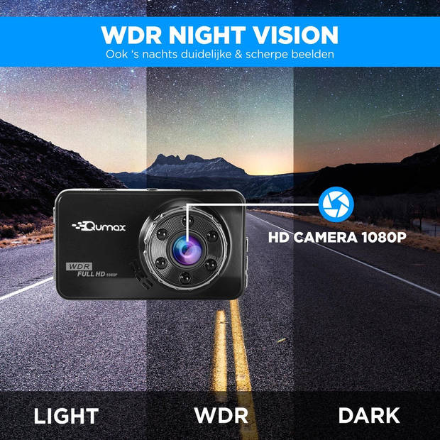 Qumax Dashcam voor auto – Voor en Achter Camera – Full HD – Parkeerstand met ingebouwde G-sensor – IPS-display - 170°