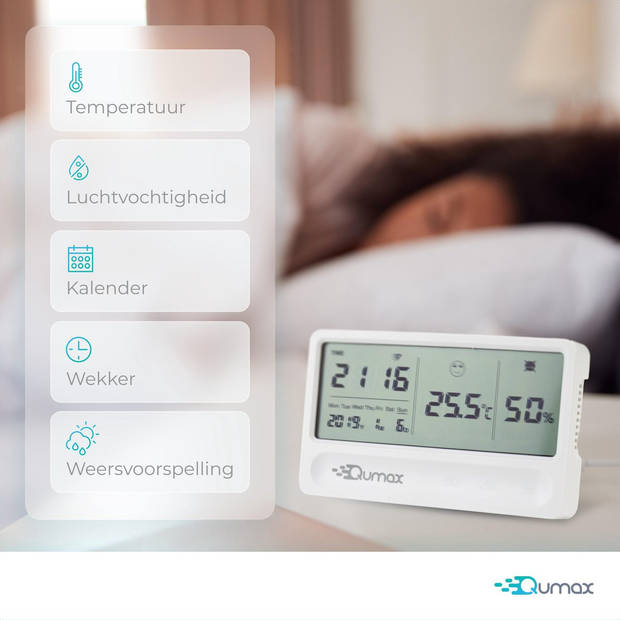 Qumax Digitale Hygrometer - Thermometer voor binnen - Luchtvochtigheidsmeter met halfjaar Accu - Wit