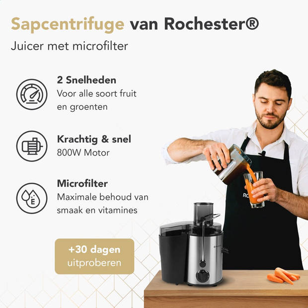 Rochester Sapcentrifuge voor Groenten & Fruit - Juicer met microfilter - Grote Vulopening - 3 snelheden - Zwart/RVS