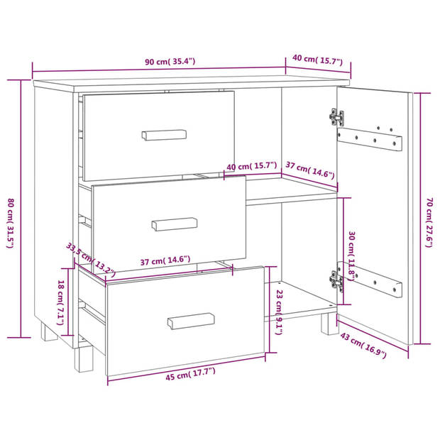 vidaXL Dressoir HAMAR 90x40x80 cm massief grenenhout honingbruin