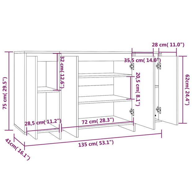 vidaXL Dressoir 135x41x75 cm bewerkt hout bruin eikenkleur