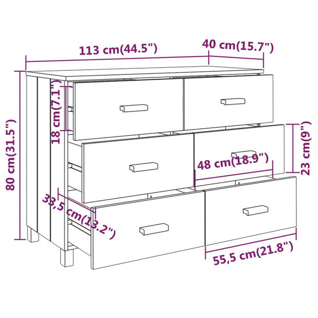 The Living Store HAMAR Dressoir - Lichtgrijs - 113 x 40 x 80 cm - Massief grenenhout