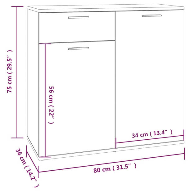 The Living Store Dressoir name - Opbergmeubel 80x36x75cm - Grijs Sonoma Eiken