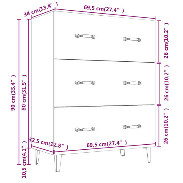 vidaXL Dressoir 69,5x34x90 cm bewerkt hout grijs sonoma eikenkleurig