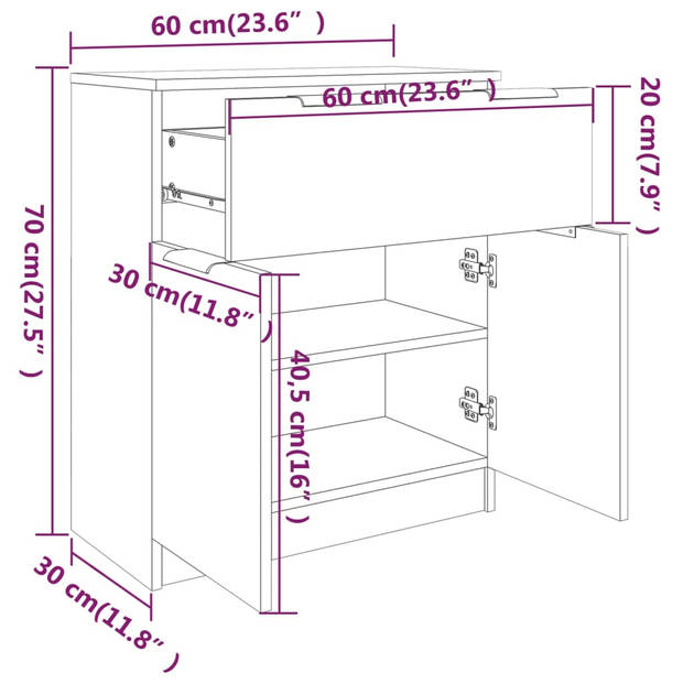 The Living Store Houten Dressoir - Zwart - 60 x 30 x 70 cm - Met lade en 2 deuren