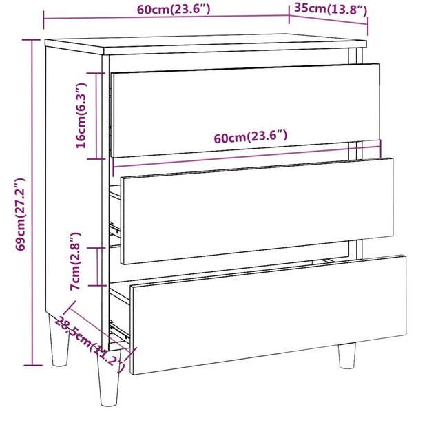 The Living Store Dressoir - Bruineiken - 60 x 35 x 69 cm - Met 3 lades