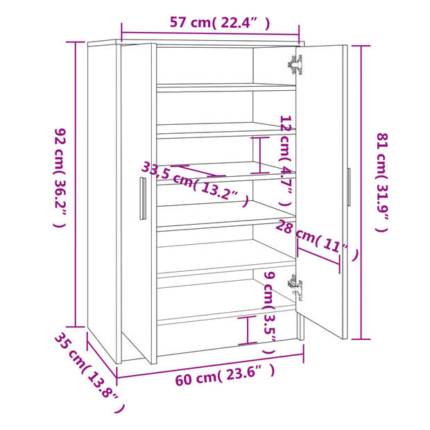 vidaXL Schoenenkast 60x35x92 cm bewerkt hout gerookt eikenkleurig