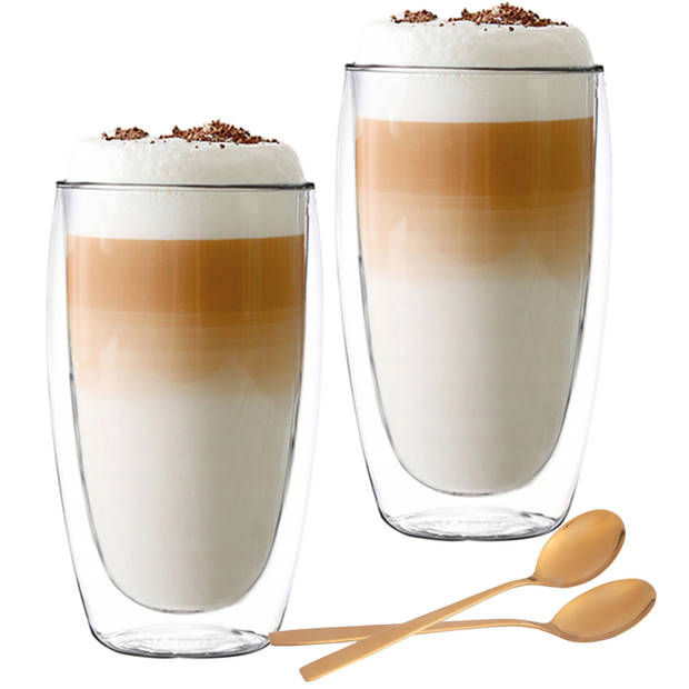 Luxe Latte Macchiato Glazen Dubbelwandig - Koffieglazen - Cappuccino Glazen - Gratis Lepels - 380 ML - Set Van 2