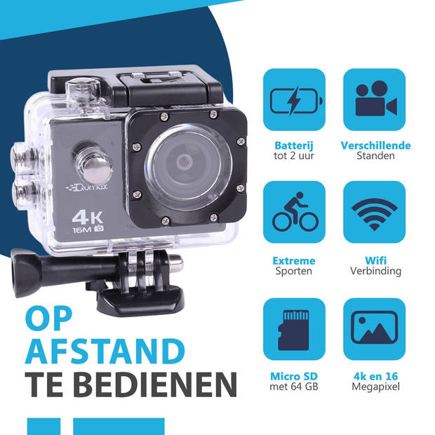 Qumax 4K Action Camera met Accessoires - Vlog Camera Actioncam - WiFi - Waterdichte Case - Afstandsbediening - Complete